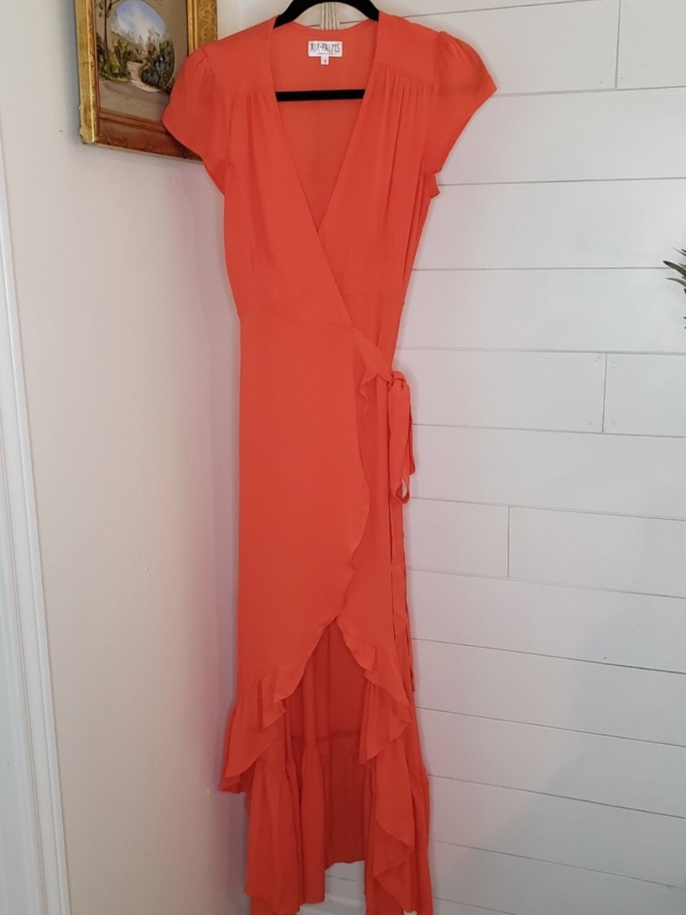 Bright Coral High-Low Wrap Dress with Ruffle Hem